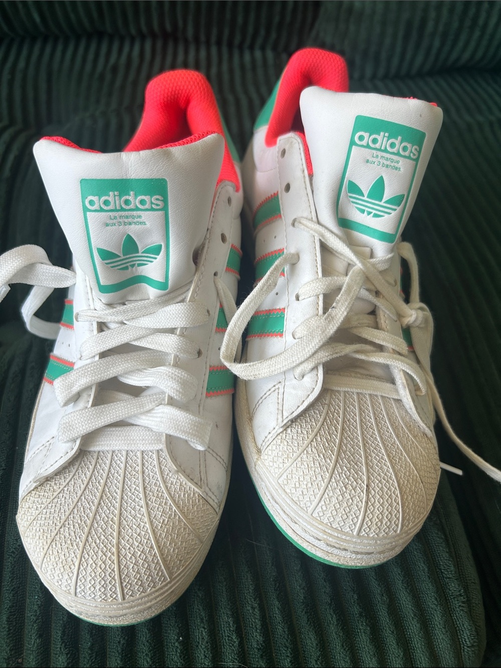 Adidas White Superstar Sneakers with Teal and Flouro Pink Accents